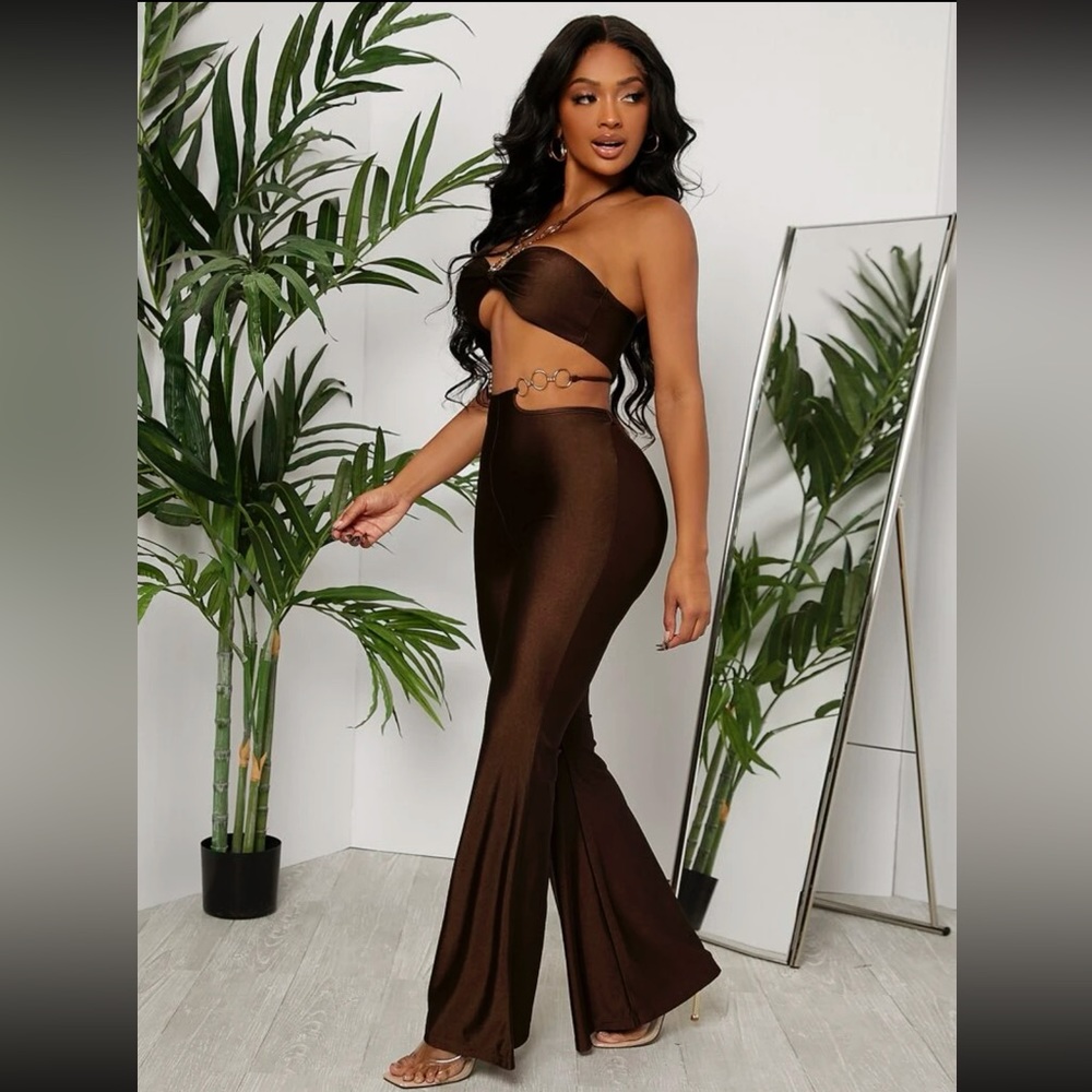 Twist Ruched Bust Halter Top With Chain & Cut Out Waist Flare Leg Pants